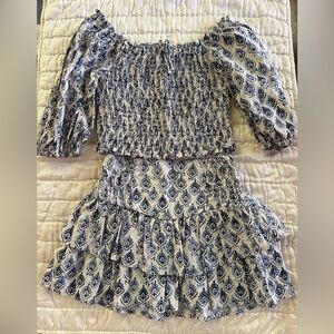 ZARA girls Blue and White Smocked Off-Shoulder Top and Skirt Set